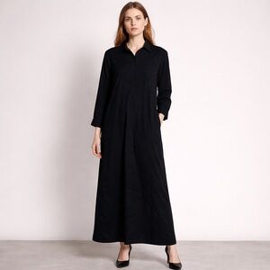Black maxi shirt dress modest cotton classic minimalist travel Layerable XL